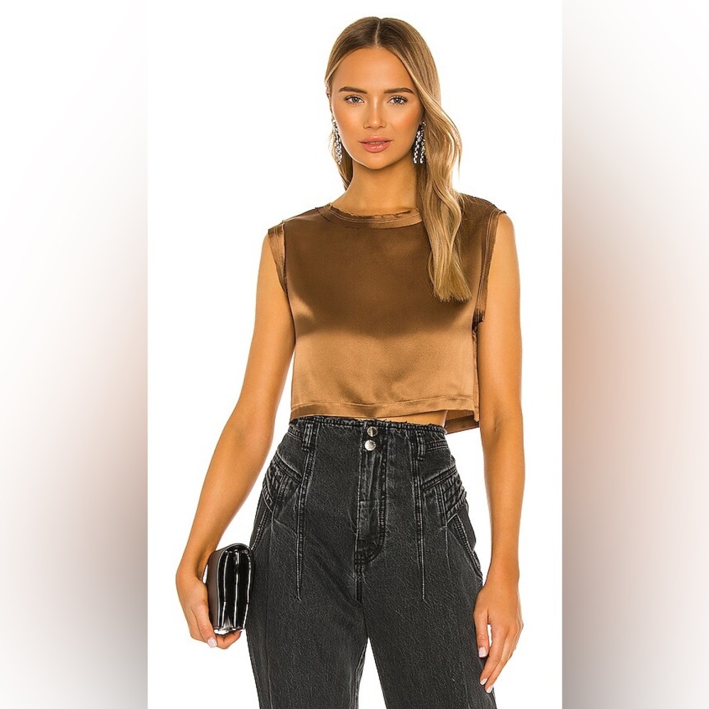 Nonchalant Label Mel Blouse in Brown 100% Silk Crop Tank Size XS Revolve